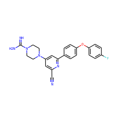 N#Cc1cc(N2CCN(C(=N)N)CC2)cc(-c2ccc(Oc3ccc(F)cc3)cc2)n1 ZINC000114592810