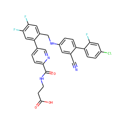 N#Cc1cc(NCc2cc(F)c(F)cc2-c2ccc(C(=O)NCCC(=O)O)nc2)ccc1-c1ccc(Cl)cc1F ZINC000148137189