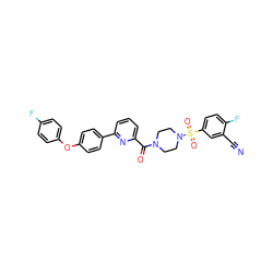 N#Cc1cc(S(=O)(=O)N2CCN(C(=O)c3cccc(-c4ccc(Oc5ccc(F)cc5)cc4)n3)CC2)ccc1F ZINC000113667036
