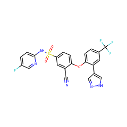 N#Cc1cc(S(=O)(=O)Nc2ccc(F)cn2)ccc1Oc1ccc(C(F)(F)F)cc1-c1cn[nH]c1 ZINC000095582897