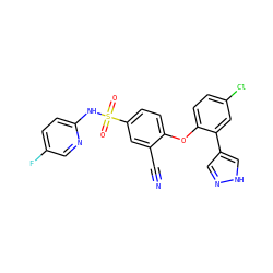 N#Cc1cc(S(=O)(=O)Nc2ccc(F)cn2)ccc1Oc1ccc(Cl)cc1-c1cn[nH]c1 ZINC000095584122