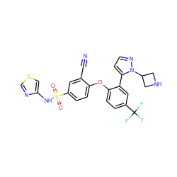 N#Cc1cc(S(=O)(=O)Nc2cscn2)ccc1Oc1ccc(C(F)(F)F)cc1-c1ccnn1C1CNC1 ZINC000095585482