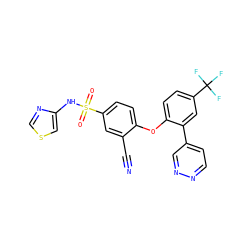 N#Cc1cc(S(=O)(=O)Nc2cscn2)ccc1Oc1ccc(C(F)(F)F)cc1-c1ccnnc1 ZINC000095582209