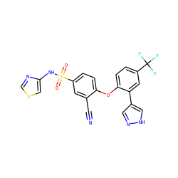 N#Cc1cc(S(=O)(=O)Nc2cscn2)ccc1Oc1ccc(C(F)(F)F)cc1-c1cn[nH]c1 ZINC000095584487
