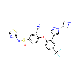 N#Cc1cc(S(=O)(=O)Nc2cscn2)ccc1Oc1ccc(C(F)(F)F)cc1-c1cnn(C2CNC2)c1 ZINC000095584593