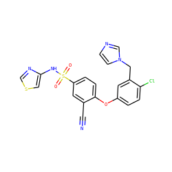 N#Cc1cc(S(=O)(=O)Nc2cscn2)ccc1Oc1ccc(Cl)c(Cn2ccnc2)c1 ZINC000095581967