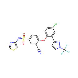 N#Cc1cc(S(=O)(=O)Nc2cscn2)ccc1Oc1ccc(Cl)cc1-c1ccn(C(F)(F)F)n1 ZINC000095581714