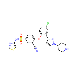 N#Cc1cc(S(=O)(=O)Nc2cscn2)ccc1Oc1ccc(Cl)cc1-c1ccn(C2CCNCC2)n1 ZINC000095581322