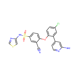 N#Cc1cc(S(=O)(=O)Nc2cscn2)ccc1Oc1ccc(Cl)cc1-c1ccnc(N)c1 ZINC000095583580