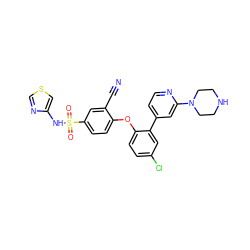 N#Cc1cc(S(=O)(=O)Nc2cscn2)ccc1Oc1ccc(Cl)cc1-c1ccnc(N2CCNCC2)c1 ZINC000095585457