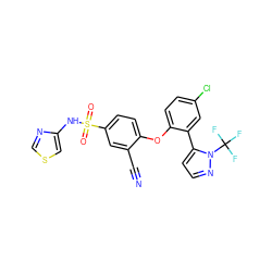 N#Cc1cc(S(=O)(=O)Nc2cscn2)ccc1Oc1ccc(Cl)cc1-c1ccnn1C(F)(F)F ZINC000095585019