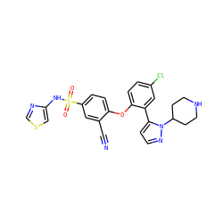 N#Cc1cc(S(=O)(=O)Nc2cscn2)ccc1Oc1ccc(Cl)cc1-c1ccnn1C1CCNCC1 ZINC000095583442