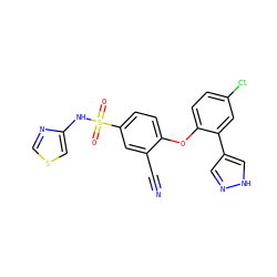 N#Cc1cc(S(=O)(=O)Nc2cscn2)ccc1Oc1ccc(Cl)cc1-c1cn[nH]c1 ZINC000095581662