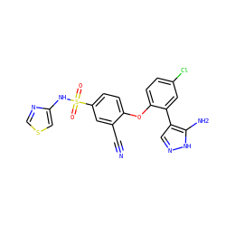 N#Cc1cc(S(=O)(=O)Nc2cscn2)ccc1Oc1ccc(Cl)cc1-c1cn[nH]c1N ZINC000095582328
