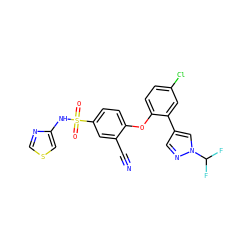 N#Cc1cc(S(=O)(=O)Nc2cscn2)ccc1Oc1ccc(Cl)cc1-c1cnn(C(F)F)c1 ZINC000095581619