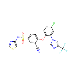 N#Cc1cc(S(=O)(=O)Nc2cscn2)ccc1Oc1ccc(Cl)cc1-n1cnc(C(F)(F)F)c1 ZINC000095582272