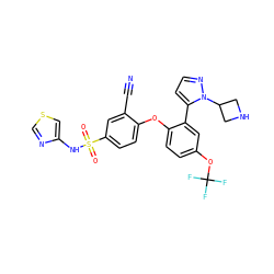 N#Cc1cc(S(=O)(=O)Nc2cscn2)ccc1Oc1ccc(OC(F)(F)F)cc1-c1ccnn1C1CNC1 ZINC000095583457