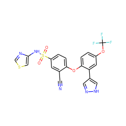 N#Cc1cc(S(=O)(=O)Nc2cscn2)ccc1Oc1ccc(OC(F)(F)F)cc1-c1cn[nH]c1 ZINC000095584155