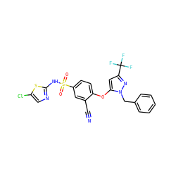 N#Cc1cc(S(=O)(=O)Nc2ncc(Cl)s2)ccc1Oc1cc(C(F)(F)F)nn1Cc1ccccc1 ZINC000095582402