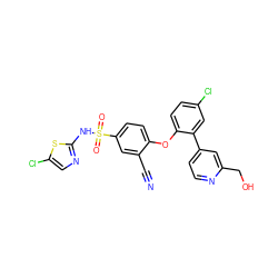 N#Cc1cc(S(=O)(=O)Nc2ncc(Cl)s2)ccc1Oc1ccc(Cl)cc1-c1ccnc(CO)c1 ZINC000095581546