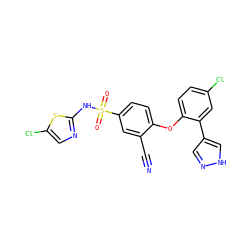 N#Cc1cc(S(=O)(=O)Nc2ncc(Cl)s2)ccc1Oc1ccc(Cl)cc1-c1cn[nH]c1 ZINC000095584152