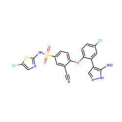 N#Cc1cc(S(=O)(=O)Nc2ncc(Cl)s2)ccc1Oc1ccc(Cl)cc1-c1cn[nH]c1N ZINC000095584200