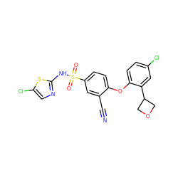 N#Cc1cc(S(=O)(=O)Nc2ncc(Cl)s2)ccc1Oc1ccc(Cl)cc1C1COC1 ZINC000095581204