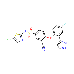 N#Cc1cc(S(=O)(=O)Nc2ncc(Cl)s2)ccc1Oc1ccc(F)cc1-c1ccn[nH]1 ZINC000095583475