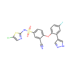 N#Cc1cc(S(=O)(=O)Nc2ncc(Cl)s2)ccc1Oc1ccc(F)cc1-c1cn[nH]c1 ZINC000095585639
