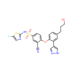 N#Cc1cc(S(=O)(=O)Nc2ncc(F)s2)ccc1Oc1ccc(CCCO)cc1-c1cn[nH]c1 ZINC000095580858