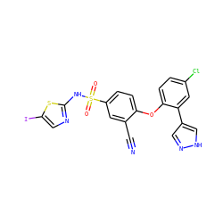 N#Cc1cc(S(=O)(=O)Nc2ncc(I)s2)ccc1Oc1ccc(Cl)cc1-c1cn[nH]c1 ZINC000095582859