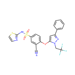 N#Cc1cc(S(=O)(=O)Nc2nccs2)ccc1Oc1cc(-c2ccccc2)nn1CC(F)(F)F ZINC000095580952