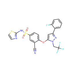 N#Cc1cc(S(=O)(=O)Nc2nccs2)ccc1Oc1cc(-c2ccccc2F)nn1CC(F)(F)F ZINC000095585298