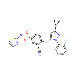 N#Cc1cc(S(=O)(=O)Nc2nccs2)ccc1Oc1cc(C2CC2)nn1-c1ccccc1F ZINC000095582542