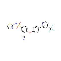 N#Cc1cc(S(=O)(=O)Nc2nccs2)ccc1Oc1ccc(-c2cc(C(F)(F)F)ccn2)cc1 ZINC000095581479