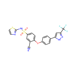 N#Cc1cc(S(=O)(=O)Nc2nccs2)ccc1Oc1ccc(-c2cc(C(F)(F)F)n[nH]2)cc1 ZINC000095582143