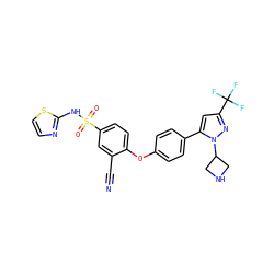 N#Cc1cc(S(=O)(=O)Nc2nccs2)ccc1Oc1ccc(-c2cc(C(F)(F)F)nn2C2CNC2)cc1 ZINC000095583246