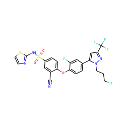 N#Cc1cc(S(=O)(=O)Nc2nccs2)ccc1Oc1ccc(-c2cc(C(F)(F)F)nn2CCCF)cc1F ZINC000095582571