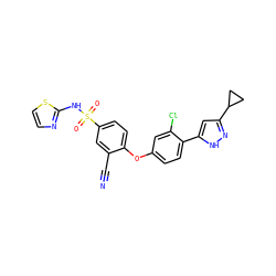 N#Cc1cc(S(=O)(=O)Nc2nccs2)ccc1Oc1ccc(-c2cc(C3CC3)n[nH]2)c(Cl)c1 ZINC000095582192