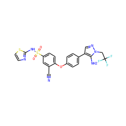 N#Cc1cc(S(=O)(=O)Nc2nccs2)ccc1Oc1ccc(-c2cnn(CC(F)(F)F)c2N)cc1 ZINC000095582745