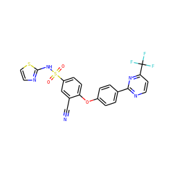 N#Cc1cc(S(=O)(=O)Nc2nccs2)ccc1Oc1ccc(-c2nccc(C(F)(F)F)n2)cc1 ZINC000095584134