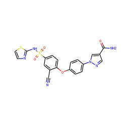 N#Cc1cc(S(=O)(=O)Nc2nccs2)ccc1Oc1ccc(-n2cc(C(N)=O)cn2)cc1 ZINC000095581917
