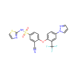 N#Cc1cc(S(=O)(=O)Nc2nccs2)ccc1Oc1ccc(-n2cccn2)cc1C(F)(F)F ZINC000095582483