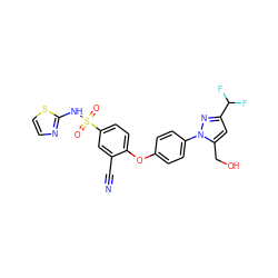 N#Cc1cc(S(=O)(=O)Nc2nccs2)ccc1Oc1ccc(-n2nc(C(F)F)cc2CO)cc1 ZINC000095582119