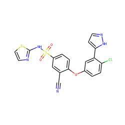N#Cc1cc(S(=O)(=O)Nc2nccs2)ccc1Oc1ccc(Cl)c(-c2ccn[nH]2)c1 ZINC000095581878
