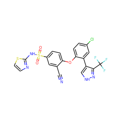 N#Cc1cc(S(=O)(=O)Nc2nccs2)ccc1Oc1ccc(Cl)cc1-c1c[nH]nc1C(F)(F)F ZINC000095584727