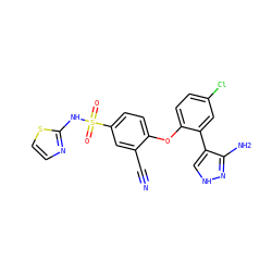N#Cc1cc(S(=O)(=O)Nc2nccs2)ccc1Oc1ccc(Cl)cc1-c1c[nH]nc1N ZINC000095582942