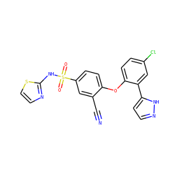 N#Cc1cc(S(=O)(=O)Nc2nccs2)ccc1Oc1ccc(Cl)cc1-c1ccn[nH]1 ZINC000095583422