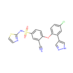 N#Cc1cc(S(=O)(=O)Nc2nccs2)ccc1Oc1ccc(Cl)cc1-c1cn[nH]c1 ZINC000095580880