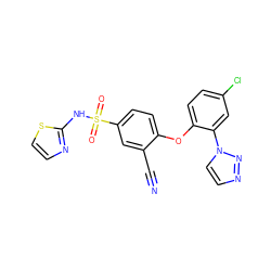 N#Cc1cc(S(=O)(=O)Nc2nccs2)ccc1Oc1ccc(Cl)cc1-n1ccnn1 ZINC000095581789